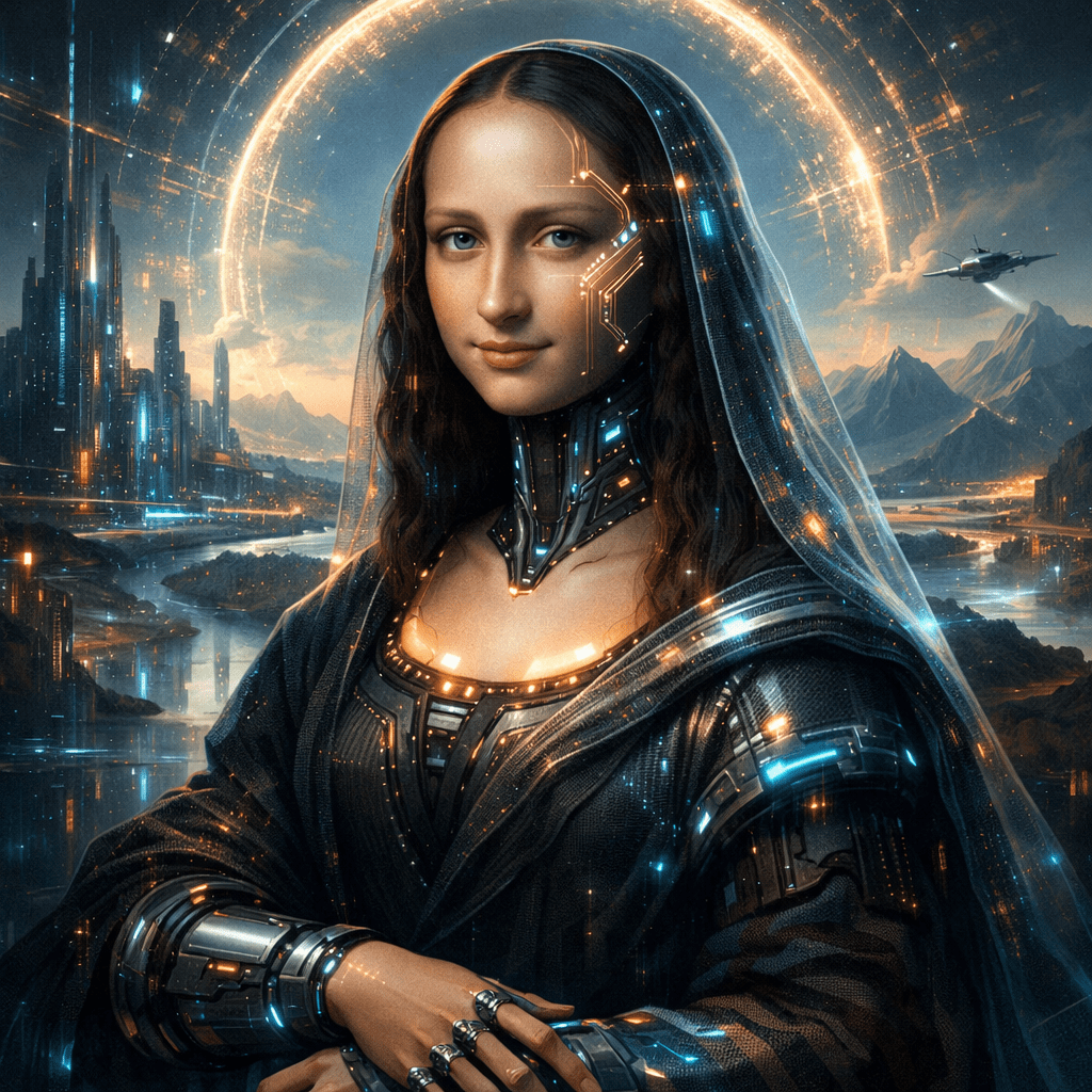 Portrait of a woman with Mona Lisa smile combined with cybernetic enhancements and futuristic technology.