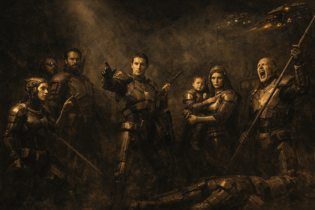 Six armored individuals in a dark, smoky environment with one on the ground and a woman holding a child